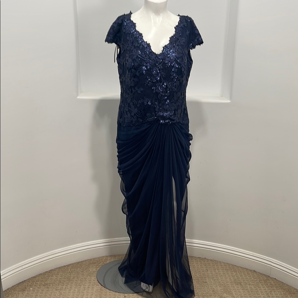 Tadashi Shoji Too Navy Embroidered Lace Evening Gown Tulle Skirt Size 16 Q   NWT - Picture 2 of 16